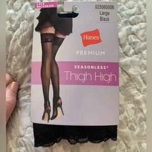 Hanes Black Lace Top Back Seamed Thigh Highs
